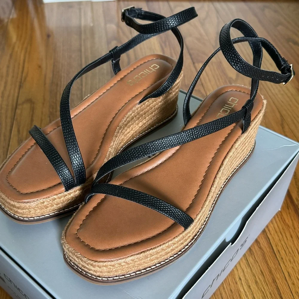 NWT Chicos Leather Wedge Espadrille Strappy Sandals / Heels! 7.5